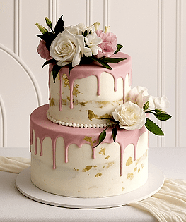 Свадебный торт в два яруса с живыми цветами и шоколадными розовыми подтеками