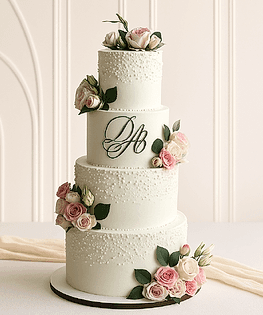 Свадебный торт в четыре яруса с живыми цветами и инициалами