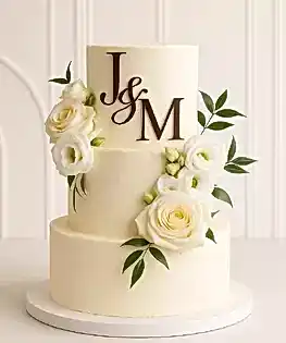 Свадебный торт с живыми цветами и инициалами